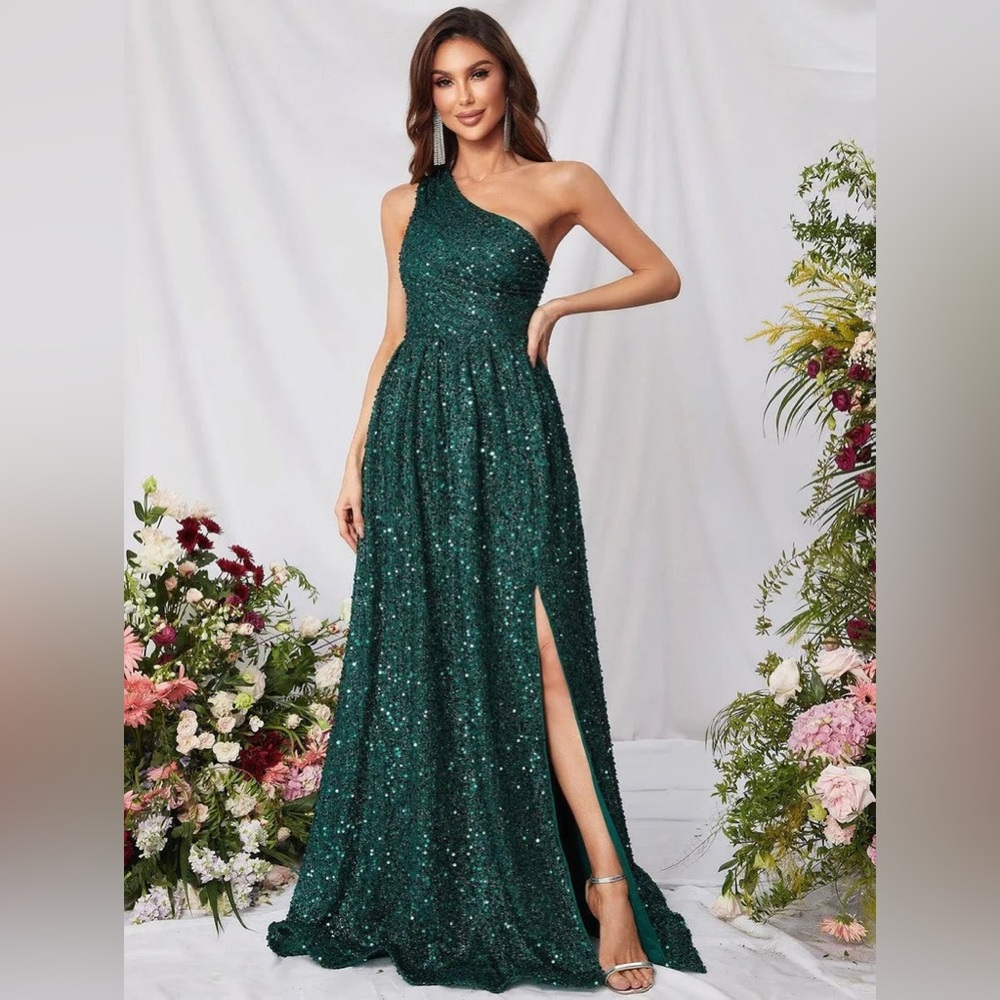 Faeriesty Sequin Gown Dress Size L Green One Shoulder Prom Weeding Dress Pleated - Picture 5 of 14